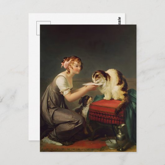 Jong meisje geeft melk aan haar kat kunst briefkaart (Voorkant / Achterkant)