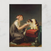 Jong meisje geeft melk aan haar kat kunst briefkaart (Voorkant)