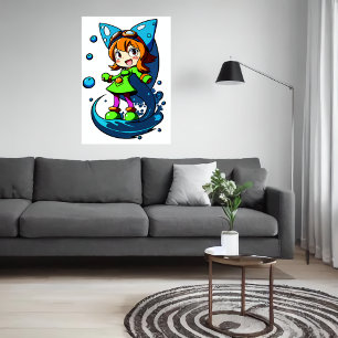 Jong meisje groene kleding blauw lint   AI Art Poster