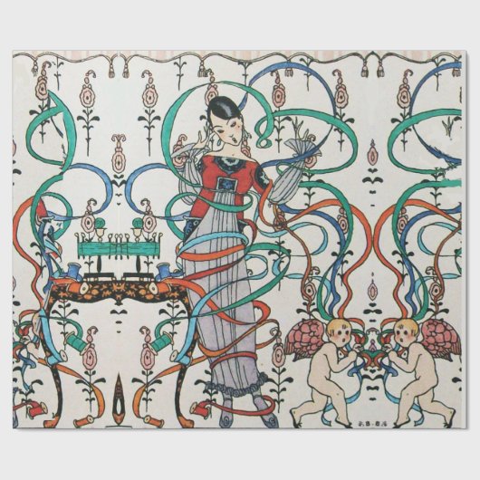 JONG MEISJE, KLEURRIJKE LINTEN, CUPIDO Valentijnsd Cadeaupapier (Vlak)