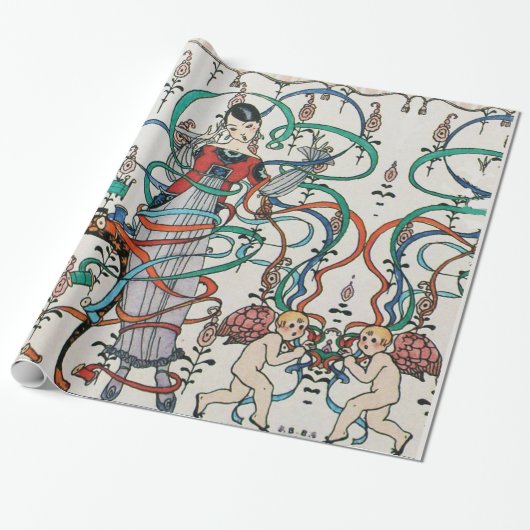 JONG MEISJE, KLEURRIJKE LINTEN, CUPIDO Valentijnsd Cadeaupapier (Uitgerold)