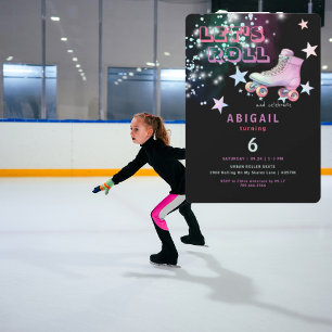 Jong meisje laten we rollen schaatsen neon verjaar kaart