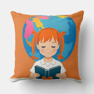 Jong meisje leest een boek met een levendige globe kussen