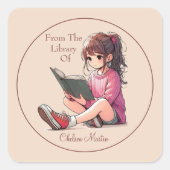  Jong Meisje Lezen Boek Bookplate Vierkante Sticker (Voorkant)