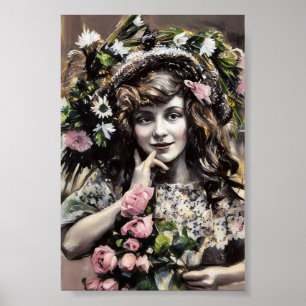 Jong meisje met bloemenhoed rozen pastel tekening poster