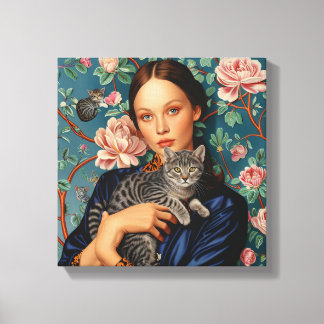 Jong meisje met grijze kat kunst canvas afdruk