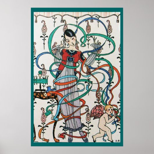 JONG MEISJE MET KLEURRIJKE LINT WERVELT EN CUPIDO POSTER (Voorkant)