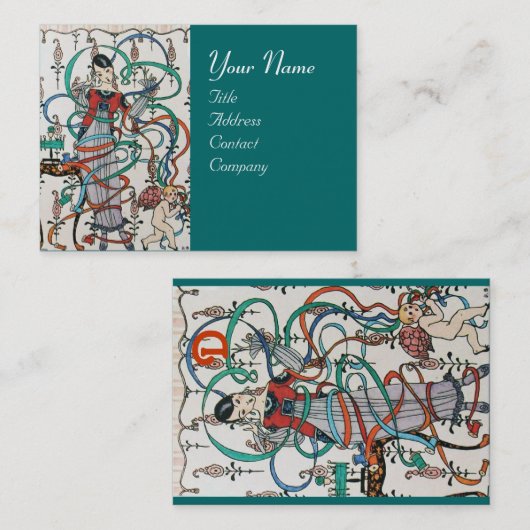 JONG MEISJE MET KLEURRIJKE LINT WERVELT EN CUPIDO VISITEKAARTJE (Voorkant / Achterkant)