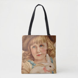 Jong meisje met witte konijn tote bag