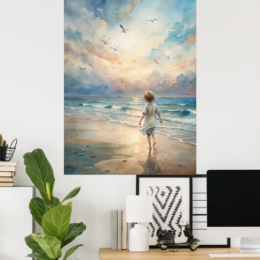 Jong meisje op het strand poster (Thuiskantoor)