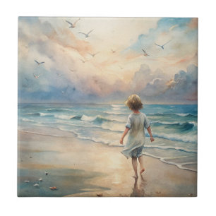 Jong meisje op het strand tegeltje