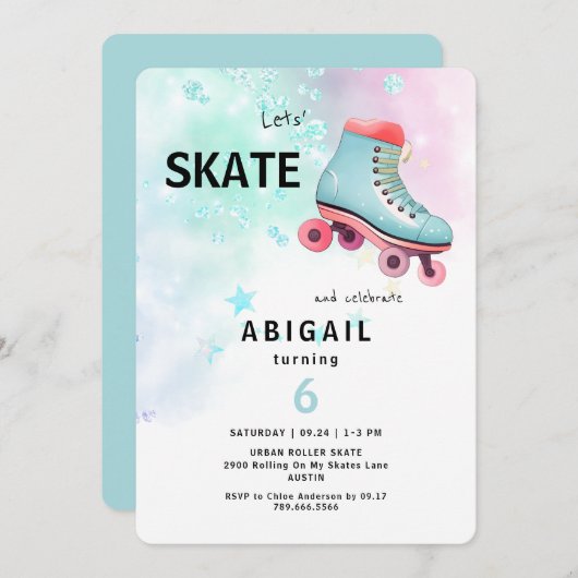 Jong Meisje Rolschaatsen Turquoise Verjaardagsfees Kaart (Voorkant / Achterkant)