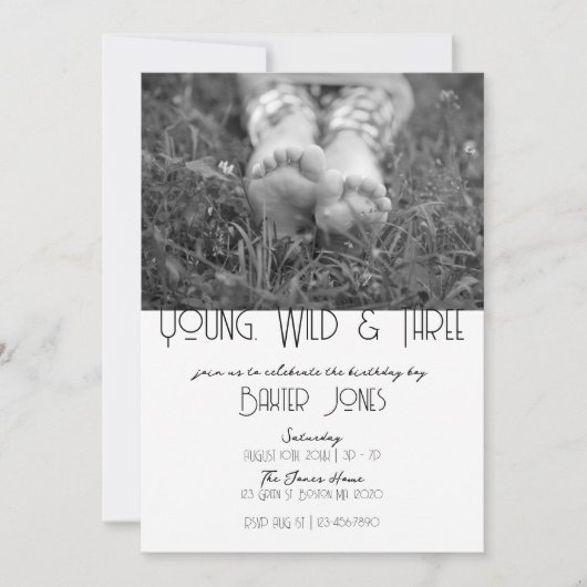 Jong, Wild & Drie | B-Day foto uitnodigen | B&W Kaart (Voorkant)