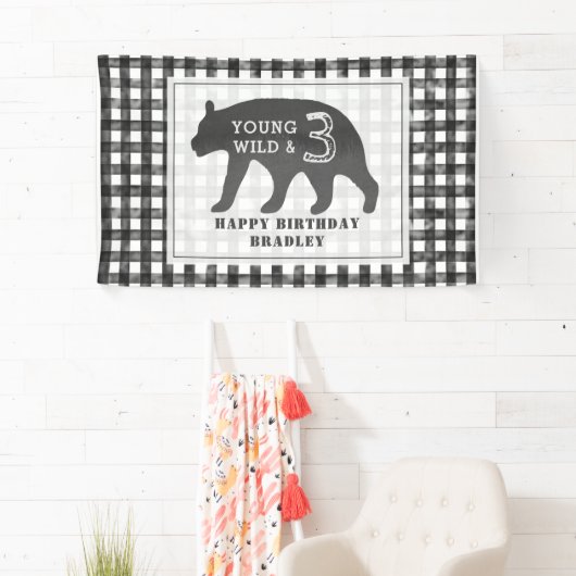 Jong Wild & Drie Beer Gingham Verjaardag Spandoek (Insitu)