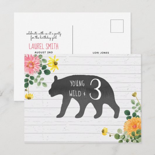 Jong Wild & Drie Beer Wildflower Verjaardag Uitnodiging Briefkaart (Voorkant / Achterkant)