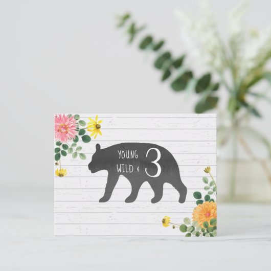 Jong Wild & Drie Beer Wildflower Verjaardag Uitnodiging Briefkaart (Staand voorkant)