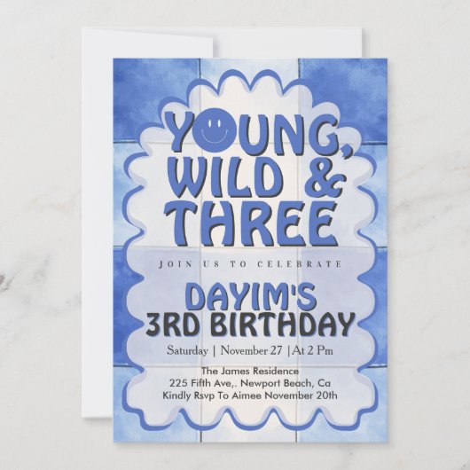 Jong, Wild & Drie Blue Retro Jongen 3e Verjaardag Kaart (Voorkant)