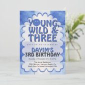 Jong, Wild & Drie Blue Retro Jongen 3e Verjaardag Kaart (Staand voorkant)