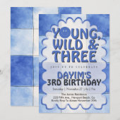 Jong, Wild & Drie Blue Retro Jongen 3e Verjaardag Kaart (Voorkant / Achterkant)
