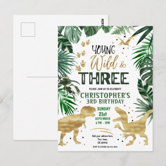 Jong Wild & Drie Dinosaur Verjaardag Briefkaart (Voorkant / Achterkant)