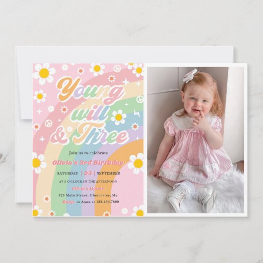 Jong Wild Drie Groovy Daisy Regenboog 3e Verjaarda Kaart (Voorkant)