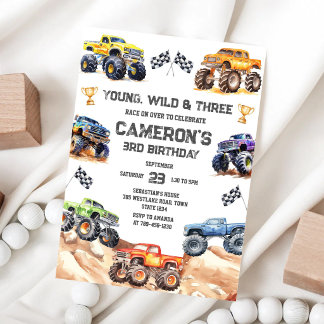 Jong, Wild & Drie Monstertruck Jongen 3e Verjaarda Kaart