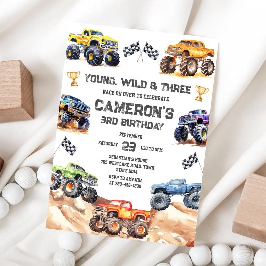 Jong, Wild & Drie Monstertruck Jongen 3e Verjaarda Kaart