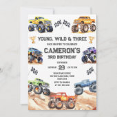 Jong, Wild & Drie Monstertruck Jongen 3e Verjaarda Kaart (Voorkant)