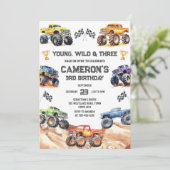 Jong, Wild & Drie Monstertruck Jongen 3e Verjaarda Kaart (Staand voorkant)