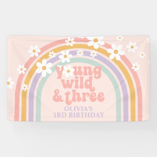 Jong wild drie pastel regenboog 3de verjaardag spandoek (Horizontaal)