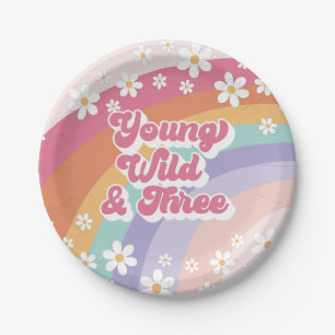 Jong Wild Drie Retro Regenboog 3e Verjaardag Papieren Bordje
