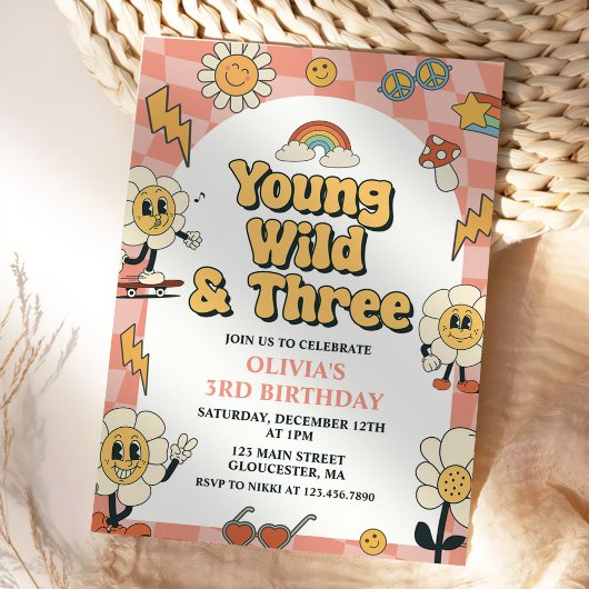 Jong wild drie retro van roze 3e verjaardag kaart