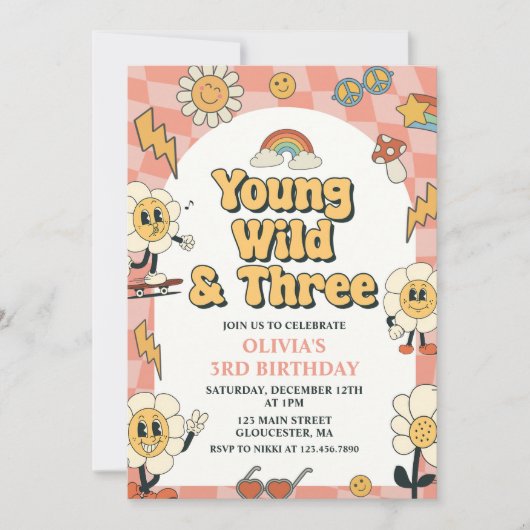 Jong wild drie retro van roze 3e verjaardag kaart (Voorkant)