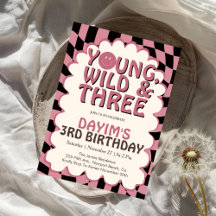 Jong, Wild & Drie Roze Retro Meisje 3e Verjaardag