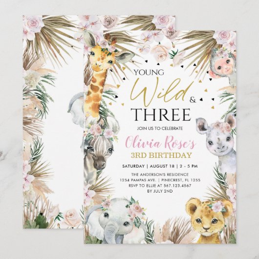 Jong, Wild & Drie Safari 3e Verjaardag dieren Kaart (Voorkant / Achterkant)