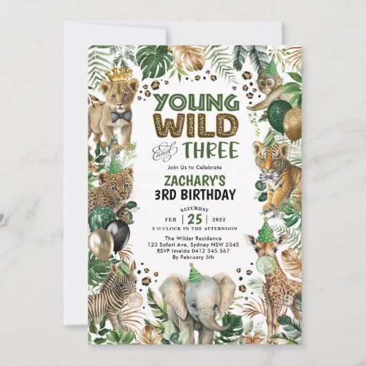 Jong Wild & Drie Safari Dieren Jongen 3e Verjaarda Kaart (Voorkant)