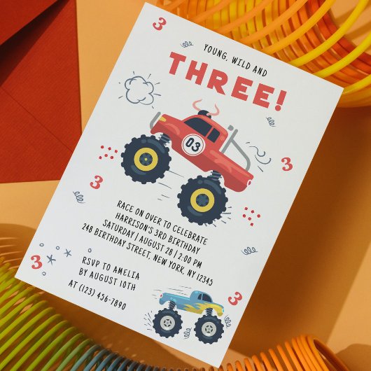 Jong Wild Drie Verjaardag Kinder Monster Auto Truc Kaart
