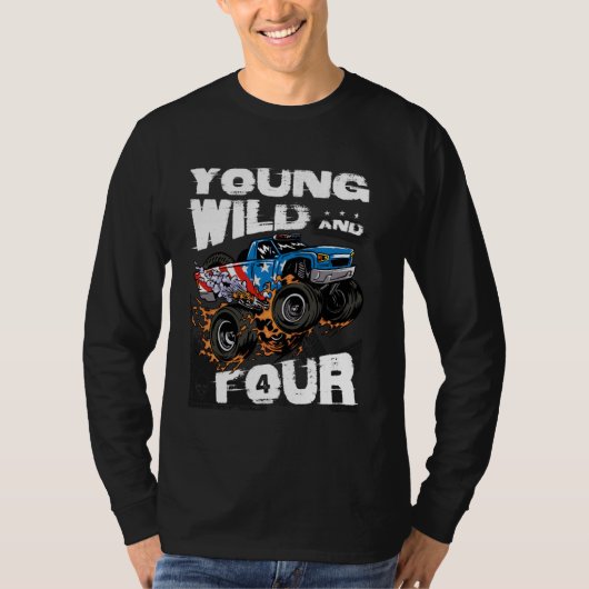 Jong, Wild en 4e verjaardag Jongen Monster Truck P T-shirt (Voorkant)