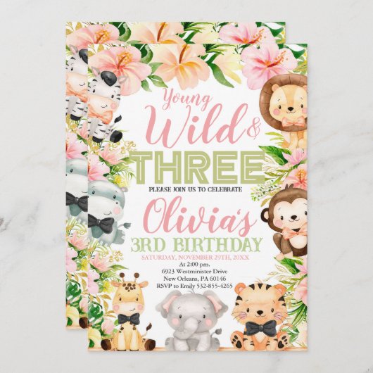 Jong Wild en drie, 3e Verjaardag Oerwoud Dieren Kaart (Voorkant / Achterkant)