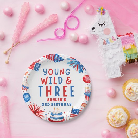 Jong Wild en Drie 4 juli 3 Verjaardag Papieren Bordje (Feest)