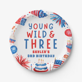 Jong Wild en Drie 4 juli 3 Verjaardag Papieren Bordje