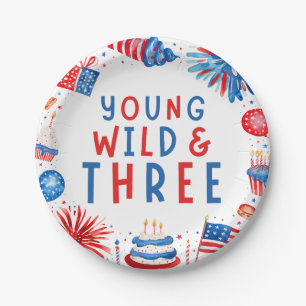 Jong Wild en Drie 4 juli 3 Verjaardag Papieren Bordje