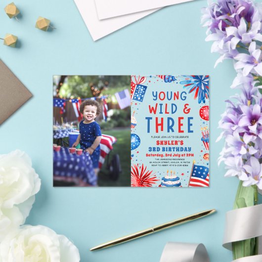 Jong Wild en Drie 4th Juli 3rd Verjaardagsfeest Acryl Uitnodigingen (Insitu (Huwelijk))