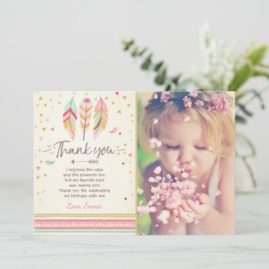 Jong wild en drie Bedankkaart Veren Boho Kaart (Staand voorkant)