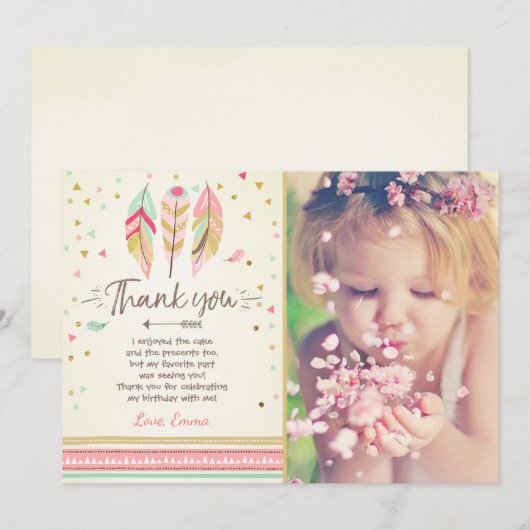 Jong wild en drie Bedankkaart Veren Boho Kaart (Voorkant / Achterkant)