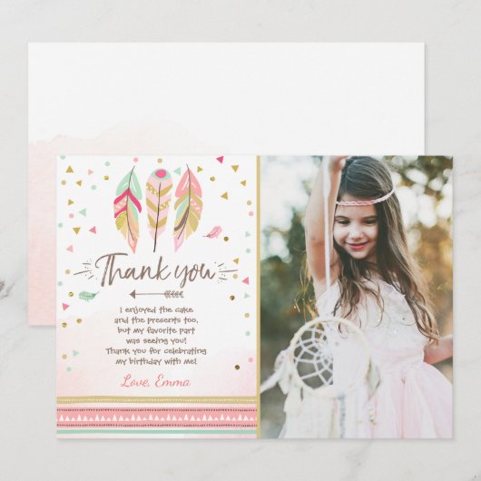 Jong wild en drie Bedankkaart Veren Boho Kaart (Voorkant / Achterkant)