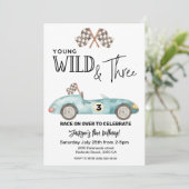 Jong, Wild en DRIE Blauwe raceauto 3e verjaardag Kaart (Staand voorkant)