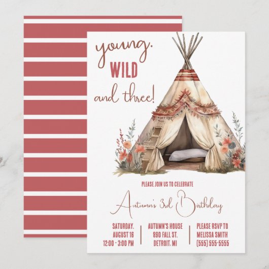 Jong, wild en drie! Boho TeePee verjaardagsfeestje Kaart (Voorkant / Achterkant)