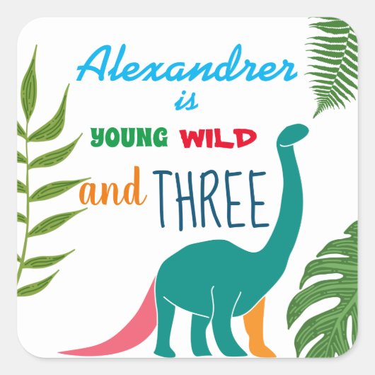 Jong Wild en Drie Dinosaur 3e Verjaardag Vierkante Sticker (Voorkant)