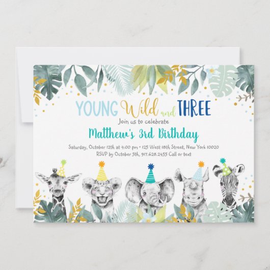 Jong, Wild En Drie Feestvierend Blauw Verjaardagsf Kaart (Voorkant)